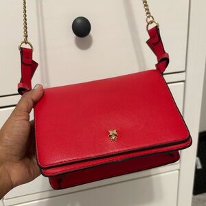 Zara crossbody with gold chain strap. Strap is sturdy. No damages. Excellent.